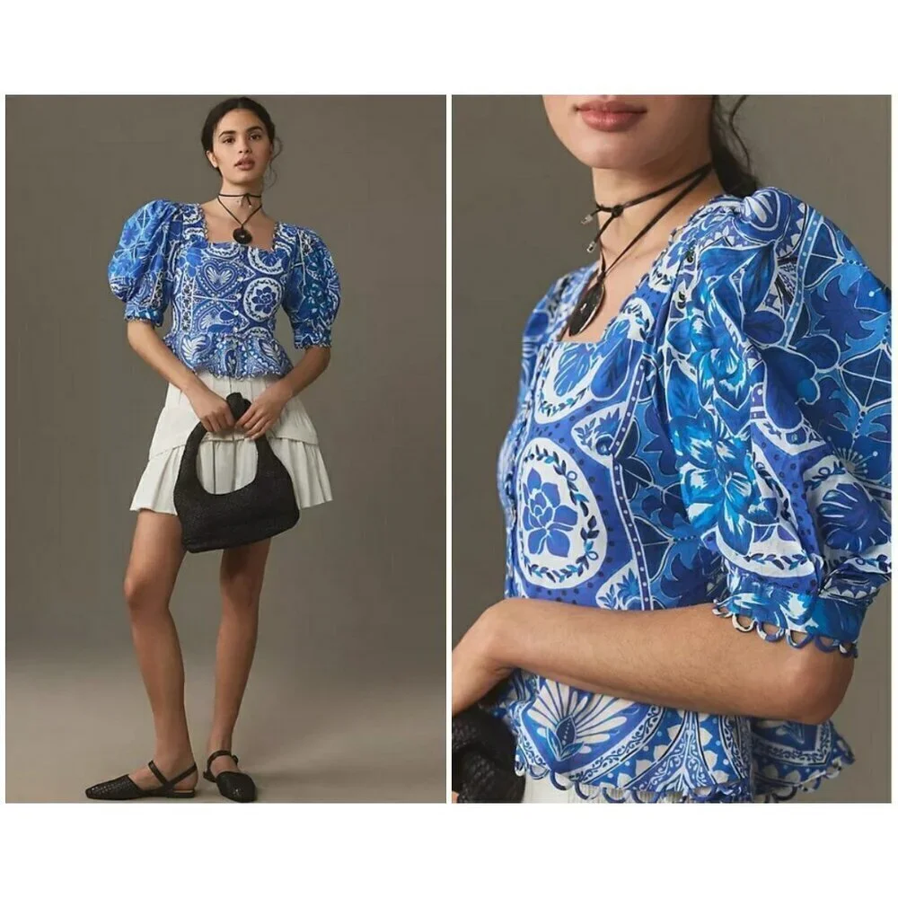 💕FARM RIO💕 Blue Tile Dream Short Sleeve Blouse ~ Floral Large L NWT *DAMAGED*